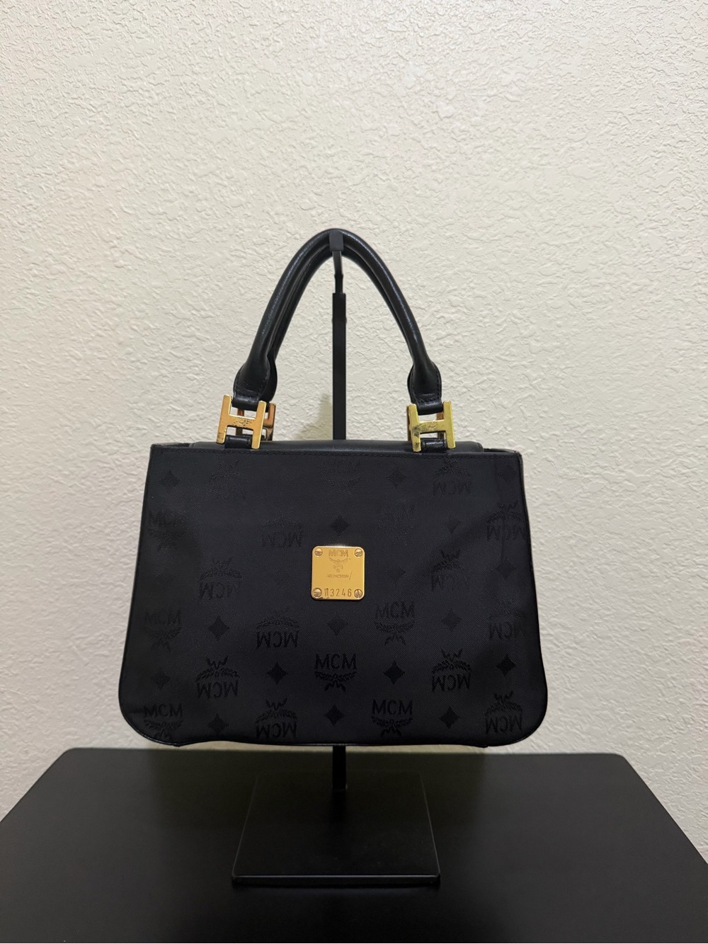 MCM Black Logo Jacquard Satchel with Gold Plaque